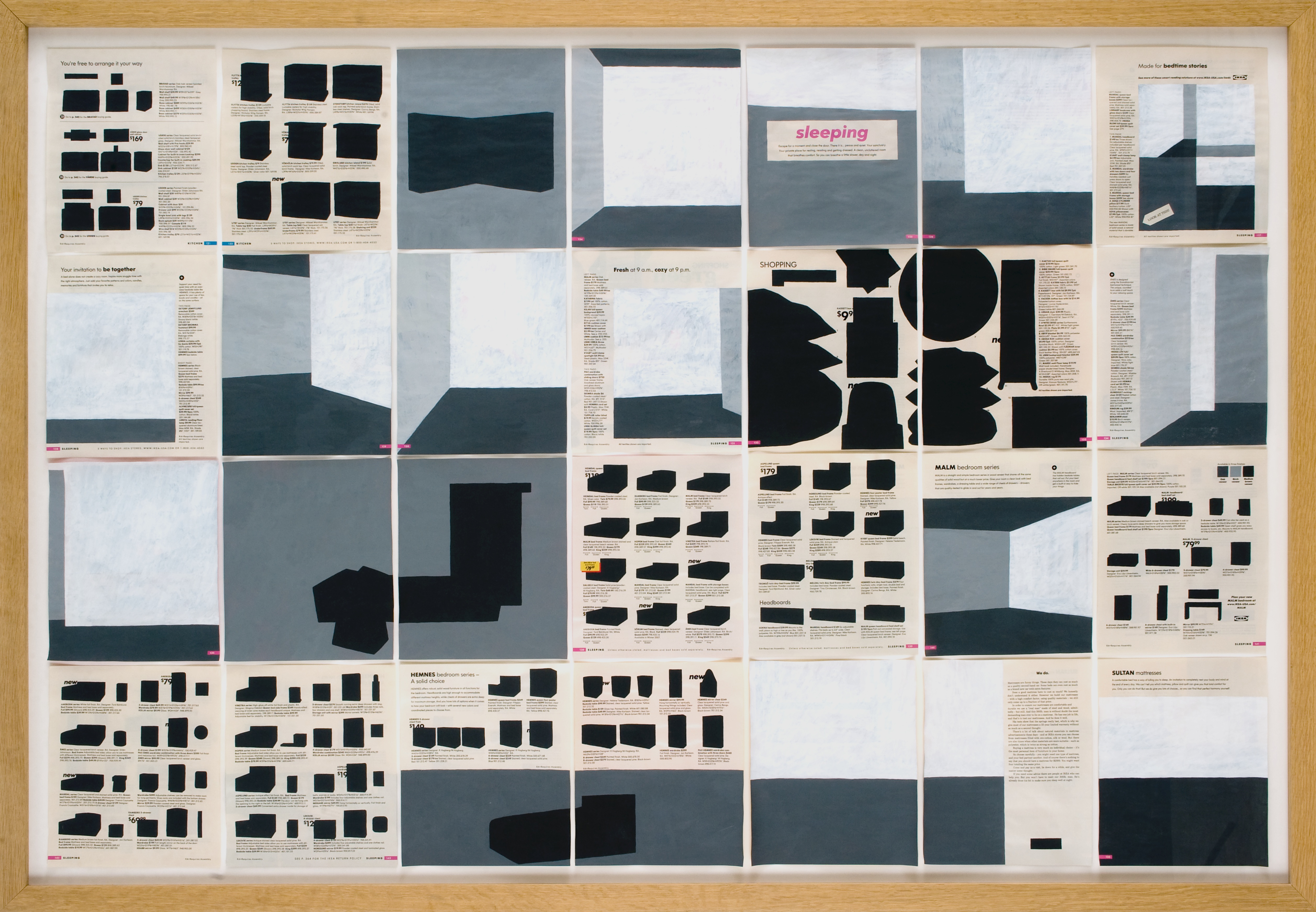 Jochen Gerner, n°5, Sleeping, 2008, Série Home, Acrylique sur papier imprimé, 100 x 144 cm avec cadre, courtesy galerie anne barrault
