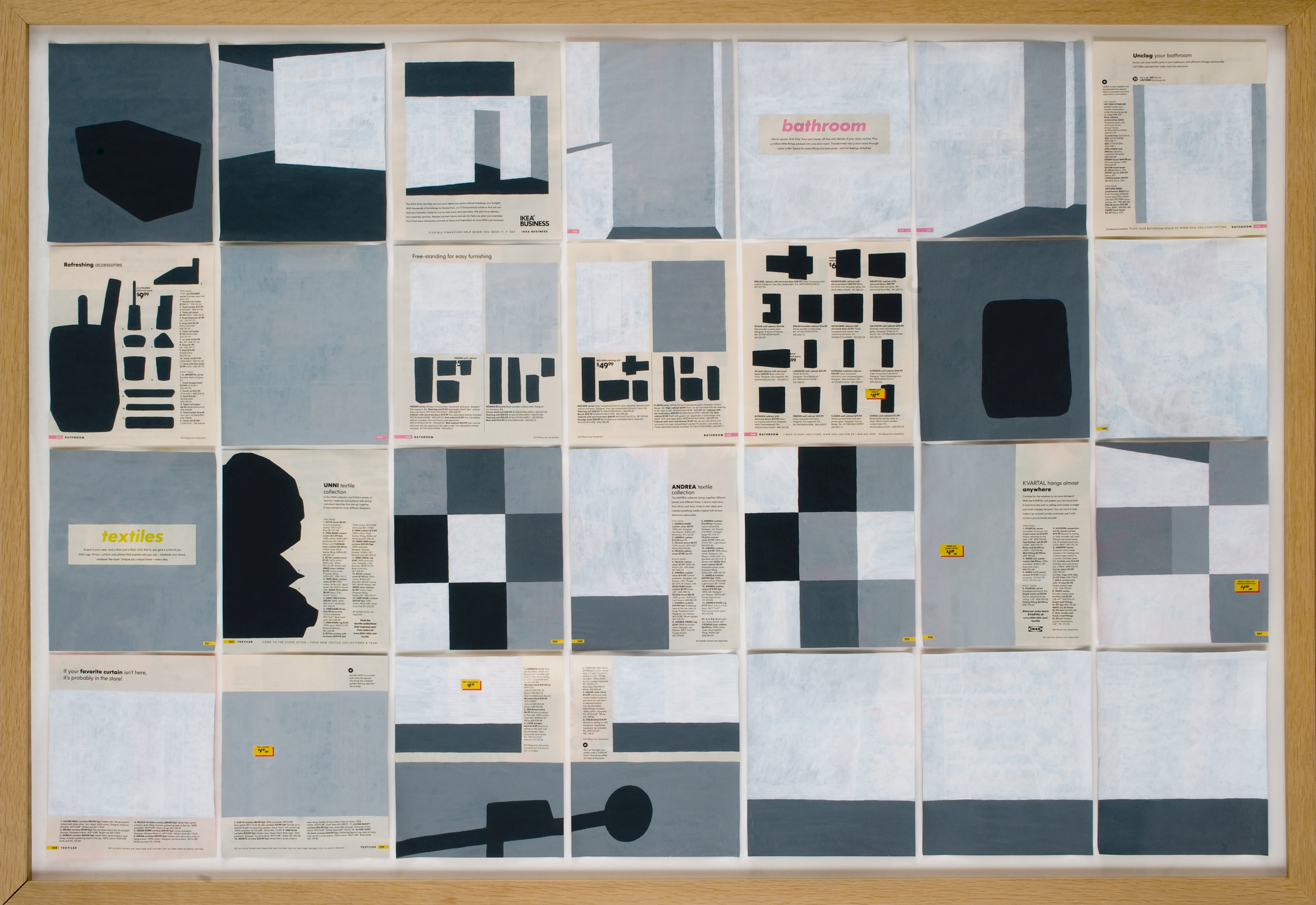 Jochen Gerner, n°7 – Bathroom – Textiles, 2008_Série Home_Acrylique sur papier imprimé, 100 x 144 cm avec cadre_courtesy galerie anne barrault