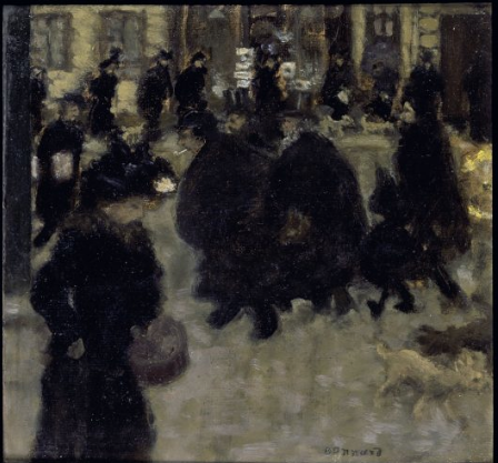 Pierre Bonnard, Personnages dans la rue, ca. 1894 Huile sur papier, marouflé sur toile, 24 x 25 cm Collection particulière