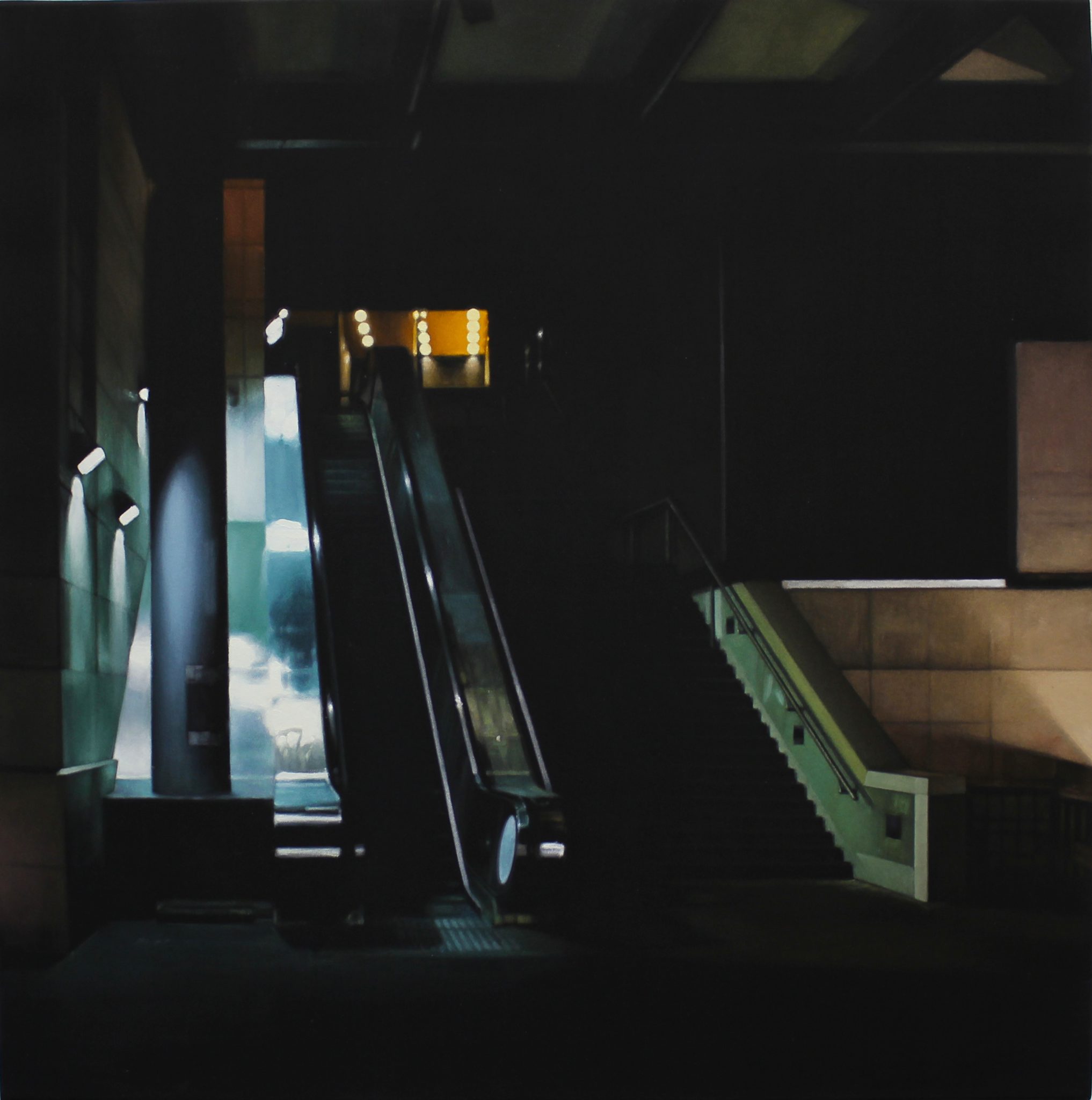 Grégory Derenne, Escalator Bibliothèque, acrylique sur toile noire, 60 x 60 cm