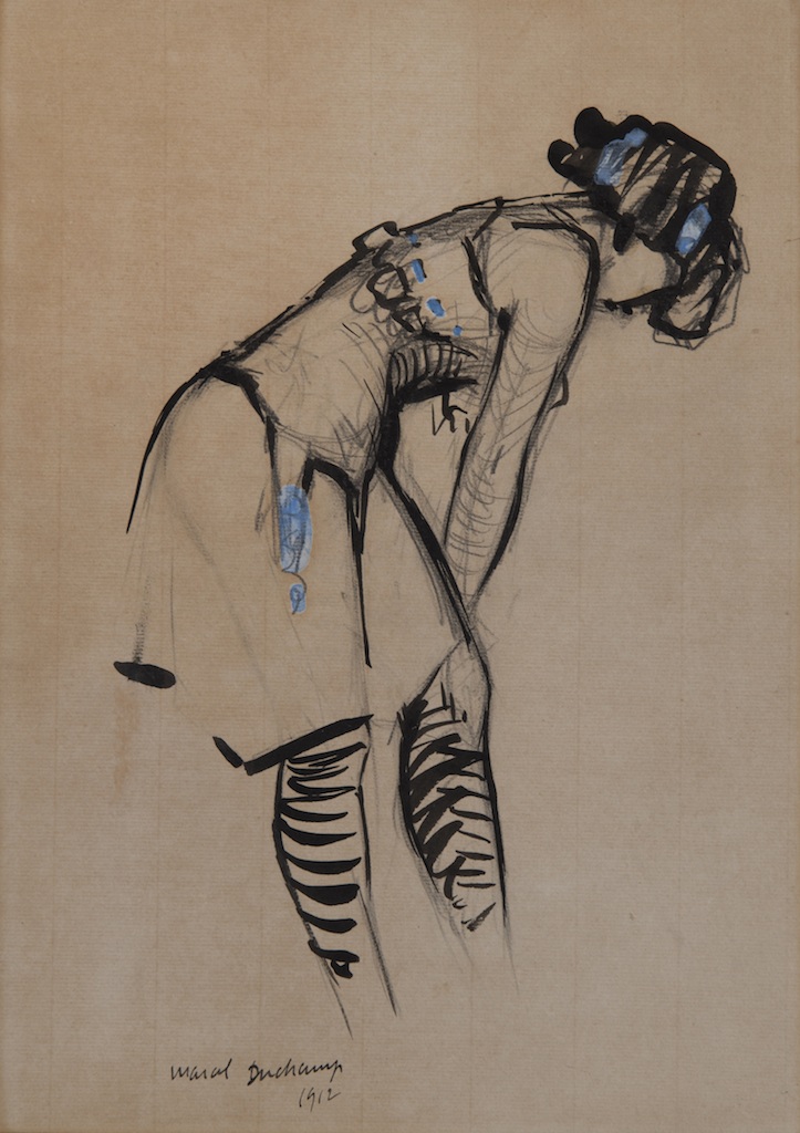 Marcel Duchamp Jeune femme au corset Ö ruban bleu 1912 encre de chine, mine de plomb et gouache sur papier 29,5×20,5cm Galerie HÇläne Bailly
