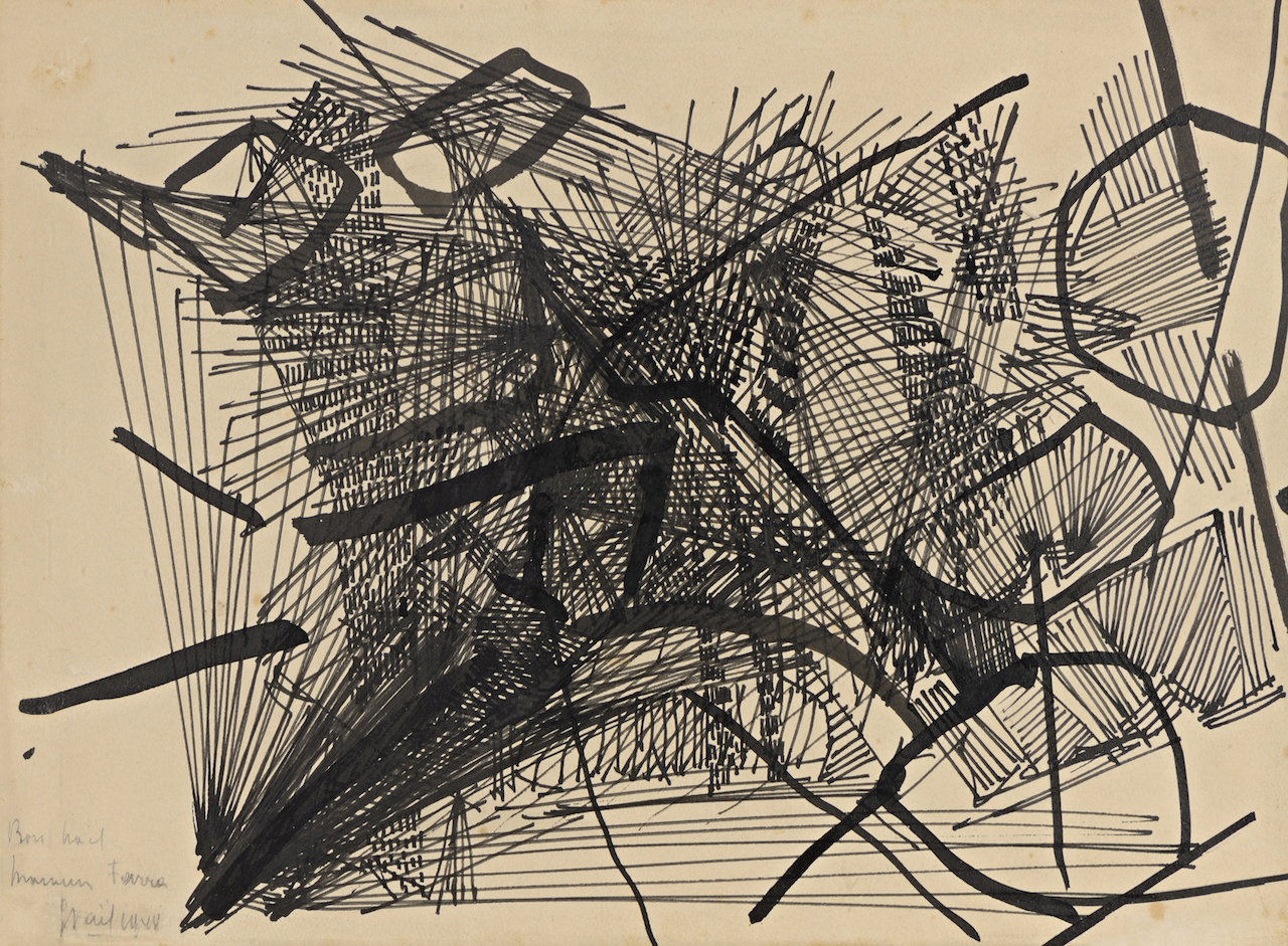 Nicolas de Staâl, composition 1948, dessin Ö l’encre de chine, plume pinceau et encre sur papier 285×380 mm Galerie BERES
