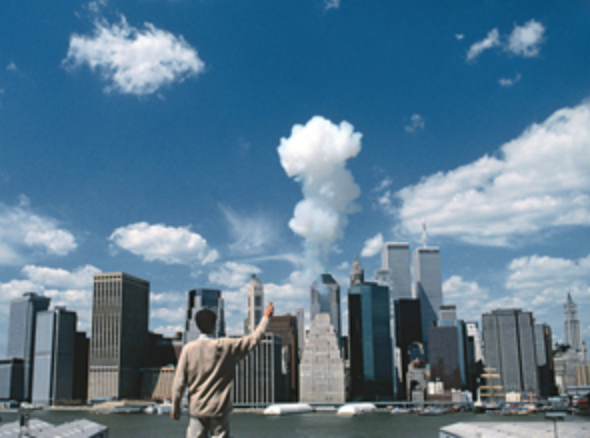 Cai Guo-Qiang  The Century with Mushroom Clouds: Project for the 20th Century (Looking toward Manhattan)  1996 Realized in New York City, April 20, 1996; approximately 3 sec., gunpowder (10 g) and cardboard tube  Photo: Hiro Ihara, courtesy Cai Studio