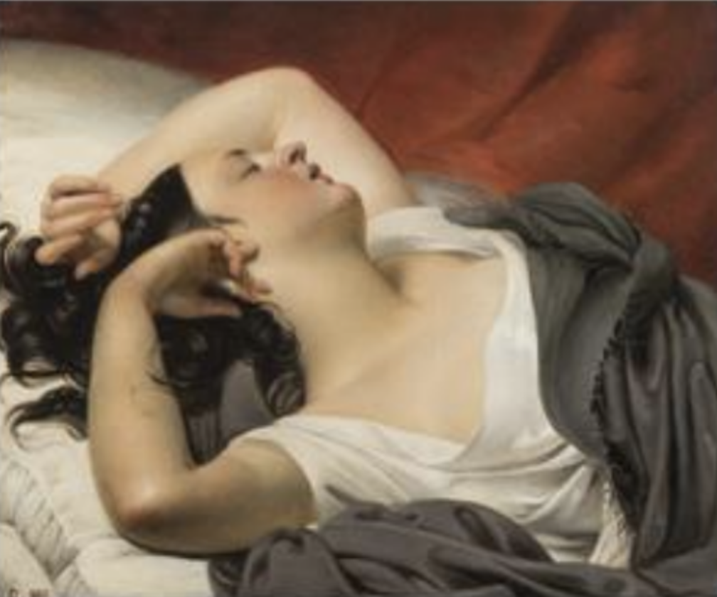 GALERIE MICHEL DESCOURS Claude-Marie Dubufe (1790-1864) Le Sommeil, 1831, Huile sur toile 59,7×72,5 cm Monogrammé et daté en bas à gauche : D.1831