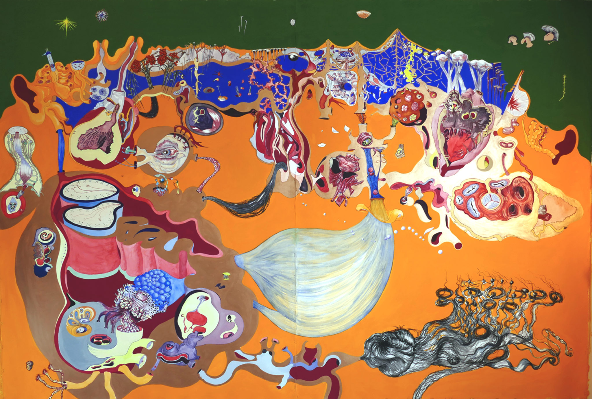Lucie Picandet, Sur les deux oreilles, 2018_Aquarelle, gouache et encres sur papier, 190 x 276 cm_Collection privée © Galerie Georges-Philippe & Nathalie Vallois