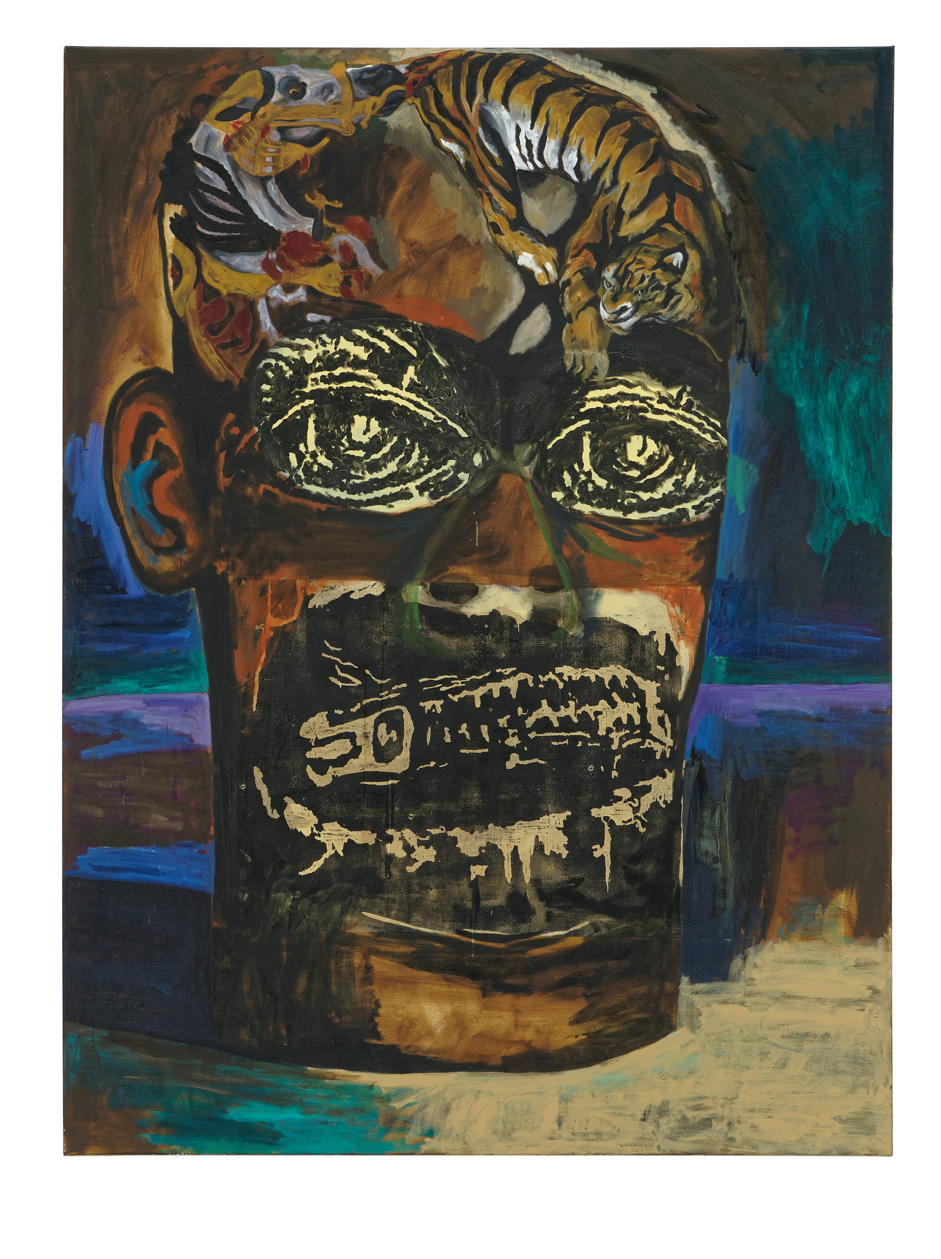 Damien Deroubaix, Peintre (Delacroix), 2017, huile et collage sur toile, 200 x 150 cm, © Blaise Adilon, MAMC+ Saint-Etienne : Adagp, Paris, 2020, courtesy de l’artiste et galerie In Situ – fabienne leclerc, Grand Paris