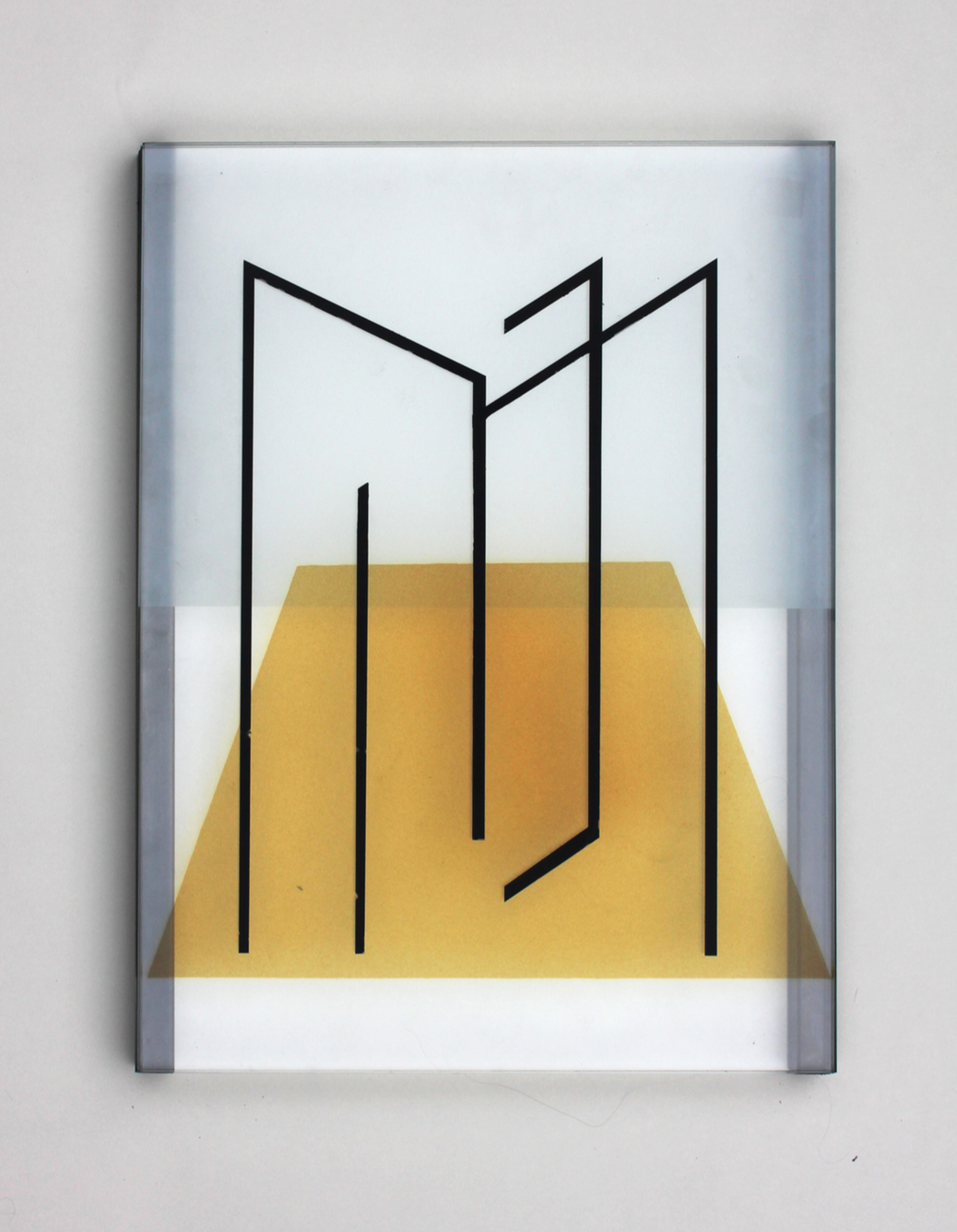 Pia Rondé & Fabien Saleil, Image tranchante MF #02, 2019 verre, cément jaune d’argent, mousseline, grisaille, acier 40 x 30 cm. Unique, courtesy galerie Valeria Cetraro.
