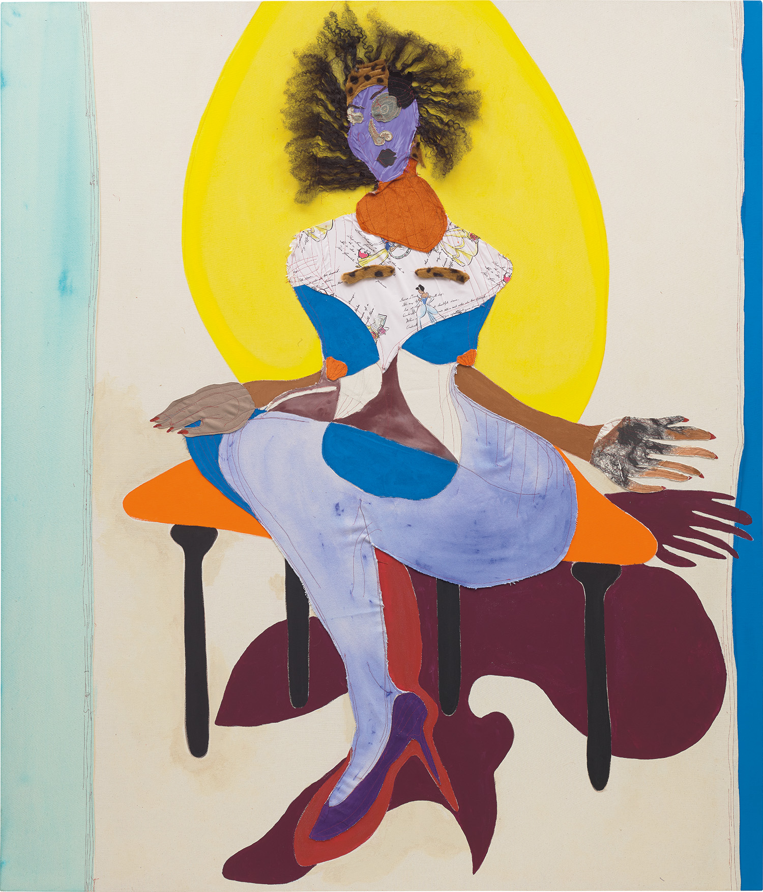 TSCHABALALA SELF Princess signed and dated 'Tschabalala Self Tschabalala Self 2017' on the overlap fabric, acrylic, flashe, oil and human hair on canvas 213 x 183 cm (83 7/8 x 72 in.) Executed in 2017. Estimate £150,000 - 250,000  SOLD FOR £435,000