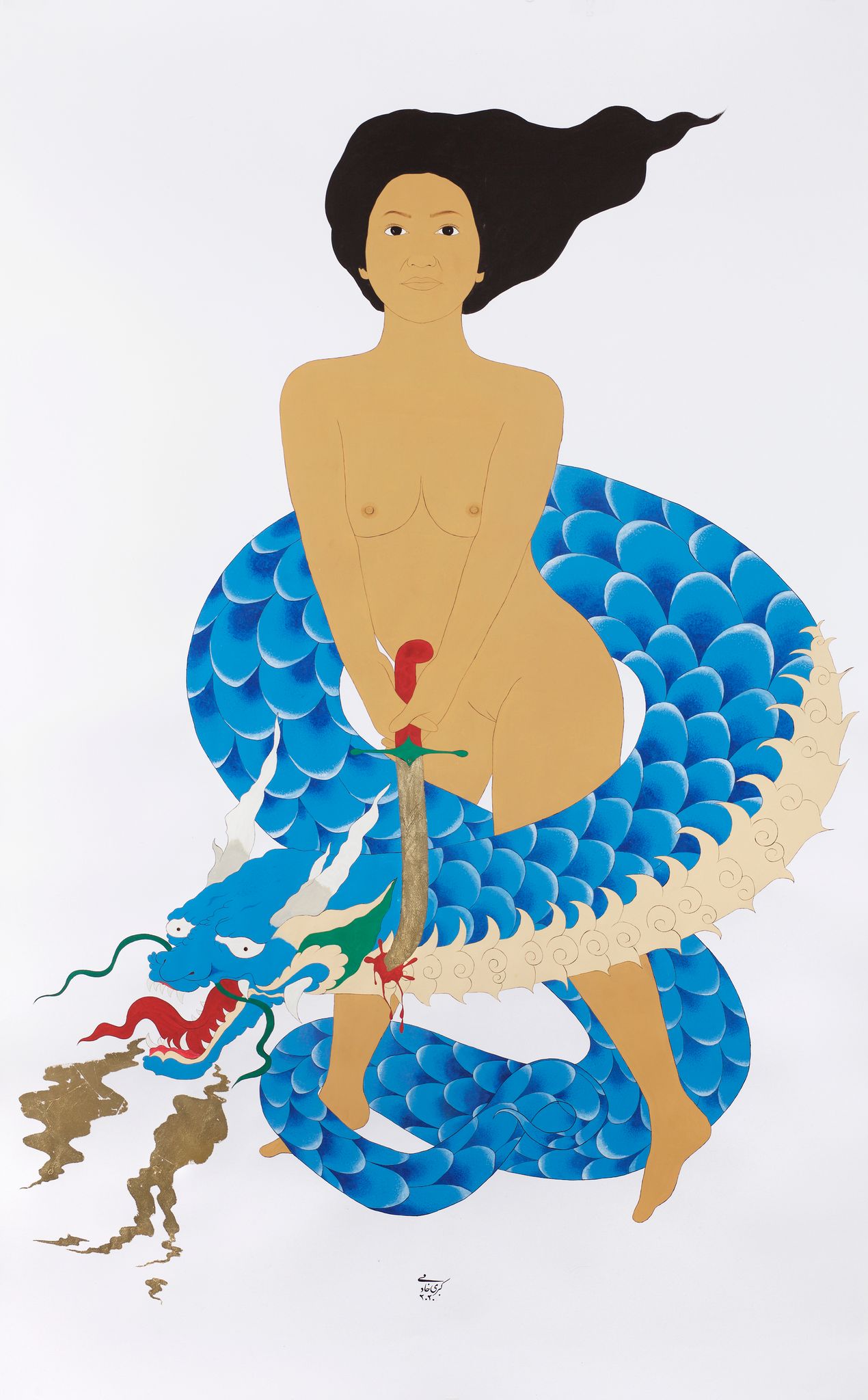 Kubra Khademi, Untitled, 2020, gouache et feuille d’or sur papier, 249 x 150 cm © Kubra Khademi, Courtesy Galerie Eric Mouchet
