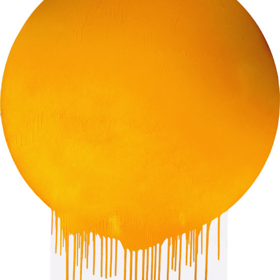 soleil de forme ronde avec des coulures dans le bas, couleur jaune or.