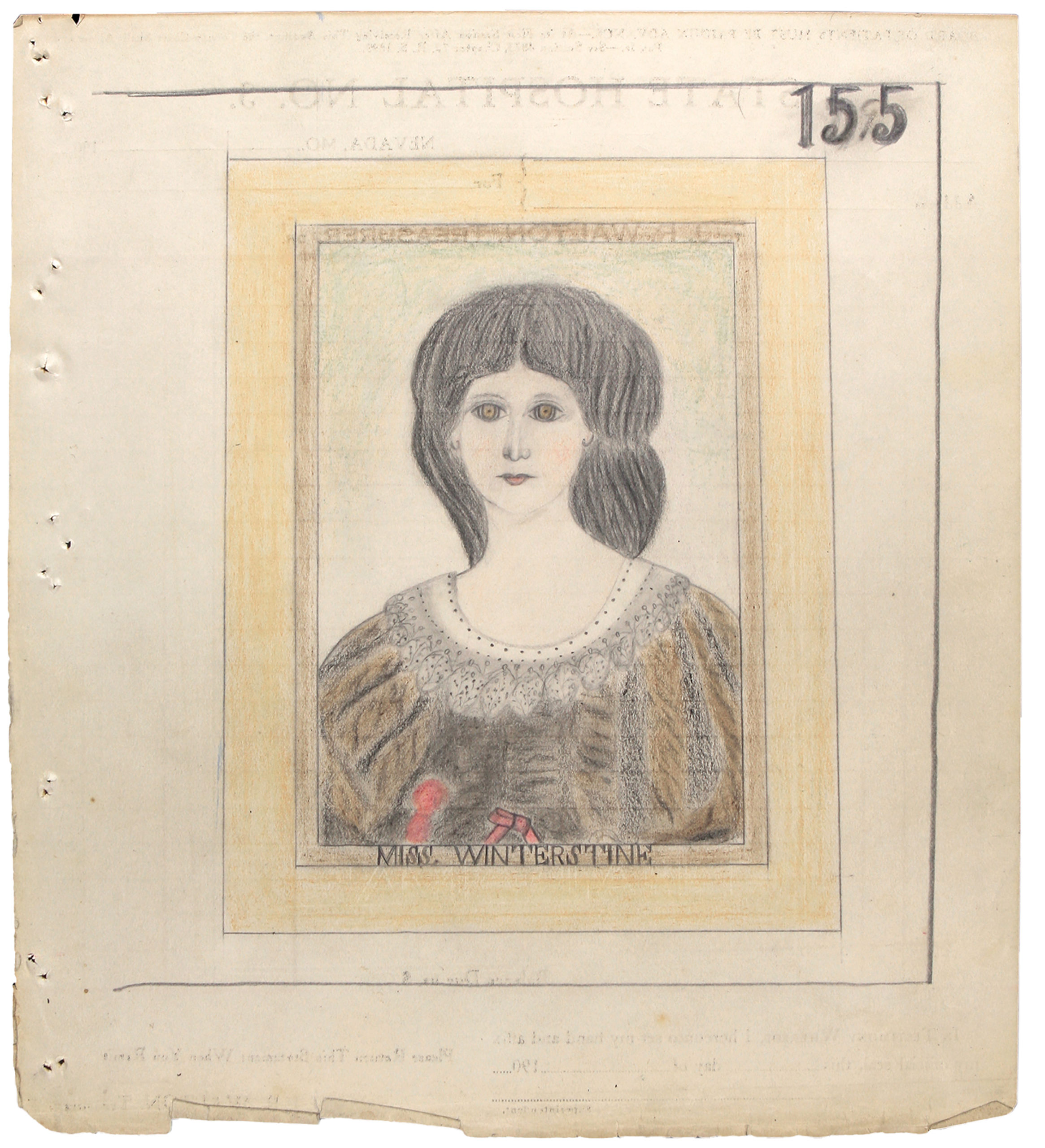 portrait d'une jeune femme au 19ème siècle. Buste avec des cheveux longs noirs.