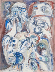Tableau huile sur toile qui représente la poussière. Couleurs différentes qui se fondent, bleu, rouge, blanc.