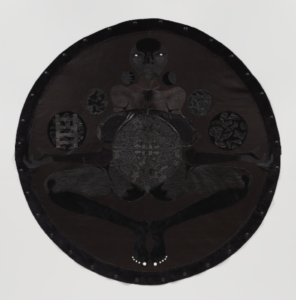 Tau Lewis, The talons of the eagle, the ladder of death, by God's grace, all will be well, 2021 Courtesy the artist and Night Gallery, Los Angeles New and recycled leathers, stingray shagreen, sand dollars 86 x 86 in (218.4 x 218.4 cm) Photo: Pierre Le Hors