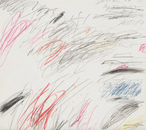 Cy Twombly, Delian Ode n°19, août 1961. Craie grasse, crayon, crayon de couleur et stylo bille sur papier. Collection privée. Paris / Dépôt à la Collection Lambert, Avignon, courtesy Cy Twombly Foundation.