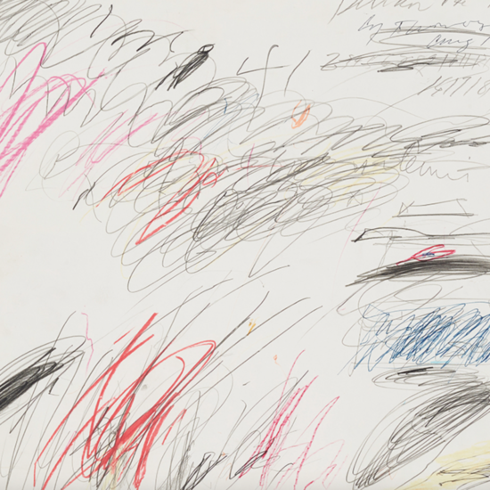 Cy Twombly, Delian Ode n°19, août 1961. Craie grasse, crayon, crayon de couleur et stylo bille sur papier. Collection privée. Paris / Dépôt à la Collection Lambert, Avignon, courtesy Cy Twombly Foundation.