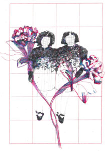 Dessin de deux femmes entourées de fleurs.