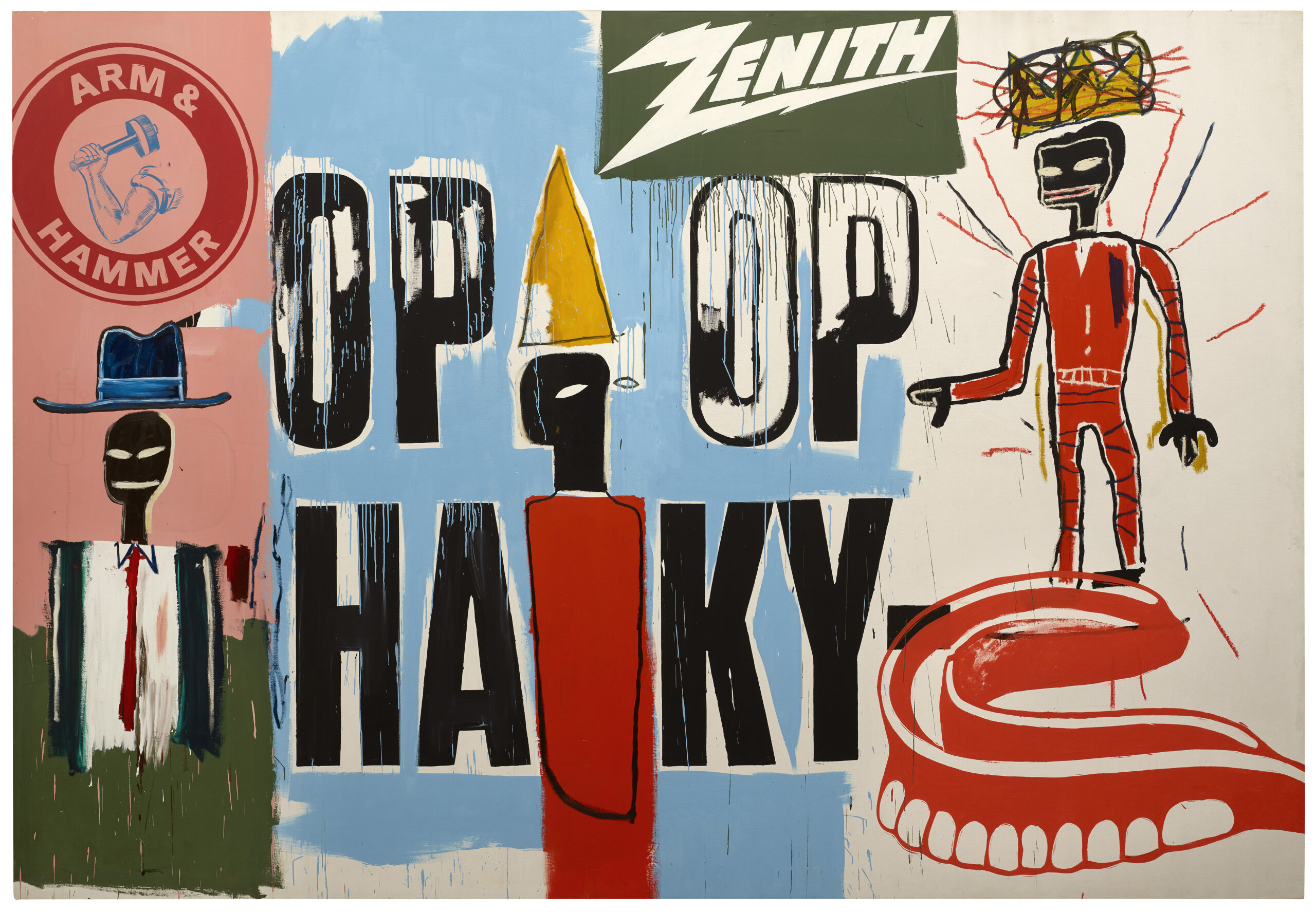 Jean-Michel Basquiat, Andy Warhol, OP OP, 1984-1985 Acrylique et bâton d’huile sur toile 287 × 417 cm Collection Bischofberger, Männedorf-Zurich, Suisse © The Estate of Jean-Michel Basquiat. Licensed by Artestar, New-York. © The Andy Warhol Foundation for the Visual Arts, Inc. / Licensed by ADAGP, Paris 2023