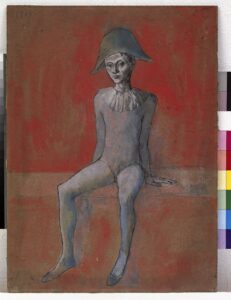 Pablo Picasso (1881-1973) Arlequin assis 1905 Aquarelle et encre de Chine sur carton 57,2 x 41,2 cm Berlin, Staatliche Museen zu Berlin, Nationalgalerie, Museum Berggruen, NG MB 5/2000 Photo © Staatliche Museen zu Berlin, Nationalgalerie, Museum Berggruen - Bpk / Nationalgalerie, SMB, Museum Berggruen / Jens Ziehe © Succession Picasso 2024