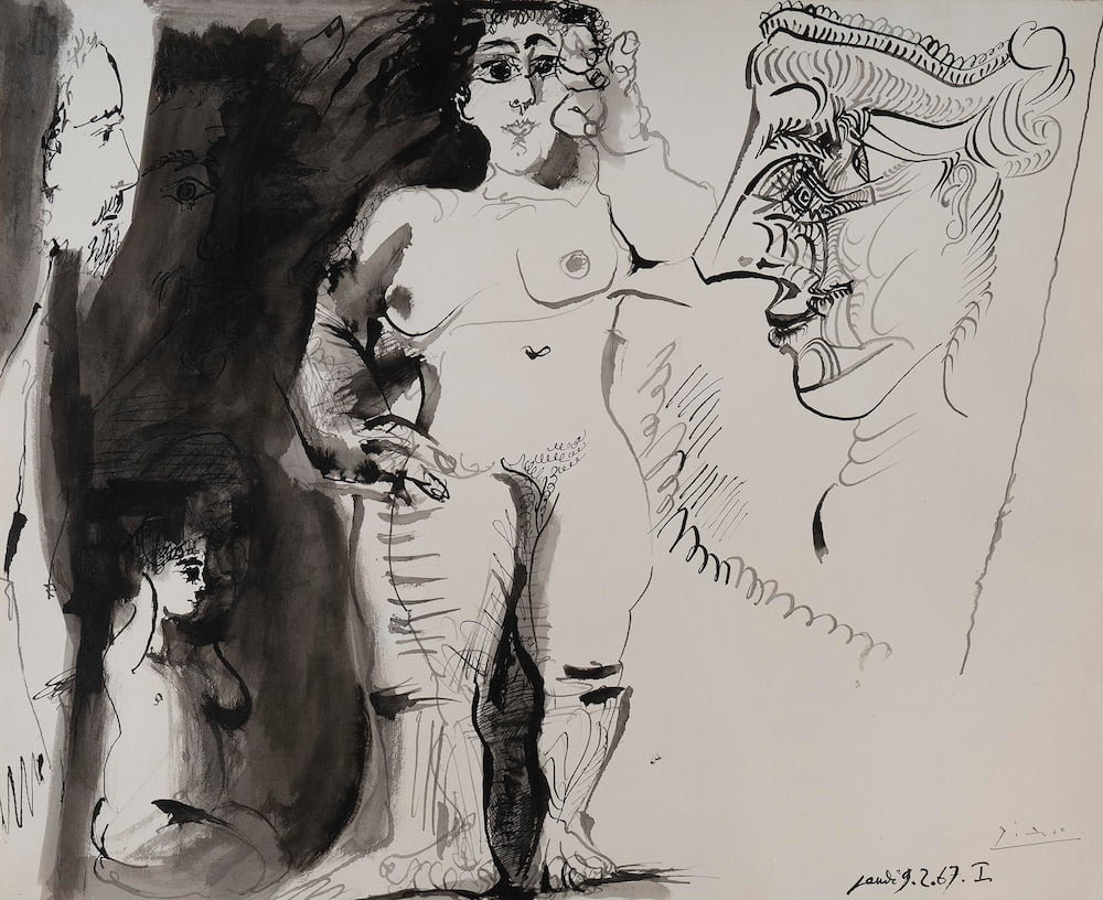 Pablo PICASSO (1881 -1973) Étude de personnages Hommage à Degas, 1967 Signé et daté en bas à droite : Picasso ; jeudi 9.2.67 Encre et lavis sur papier 52 x 64 cm 73 x 85 cm (avec cadre)